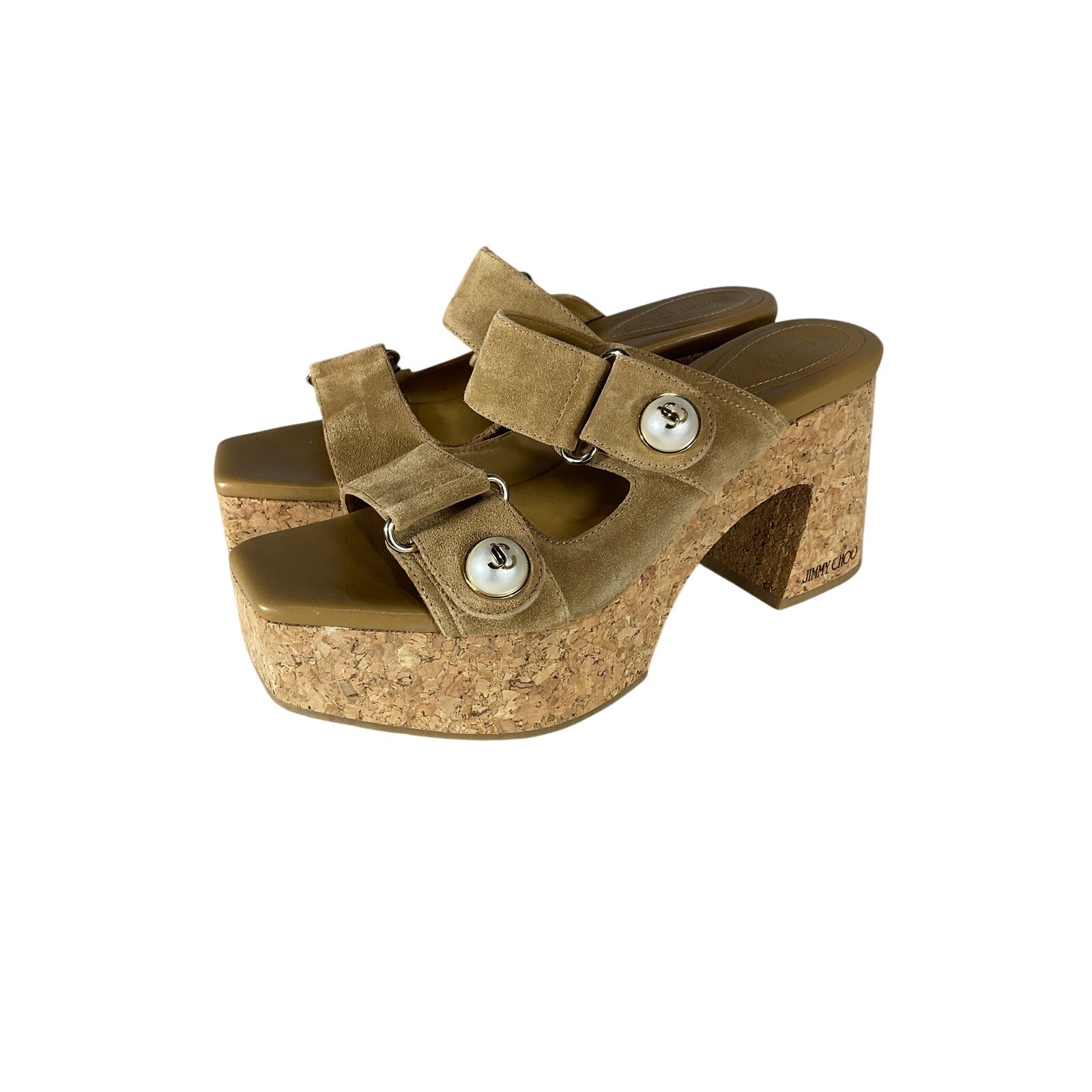 Jimmy Choo 'Fayence' Tan Suede 95 Faux Pearl-Embellished Suede Platform Mules Size 9