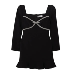 Self-Portrait Embellished Black Bow Trim Mini Dress Size 4 UK / US 0