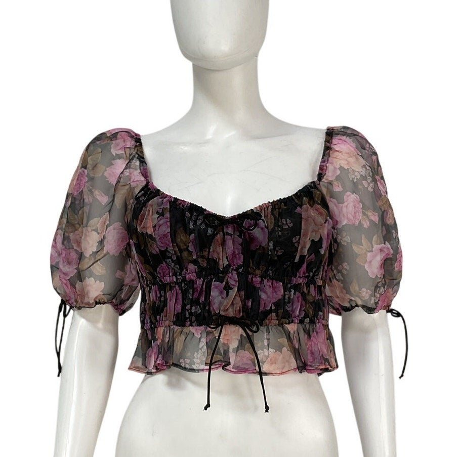 For Love & Lemons Floral Black Lelia Top Size M