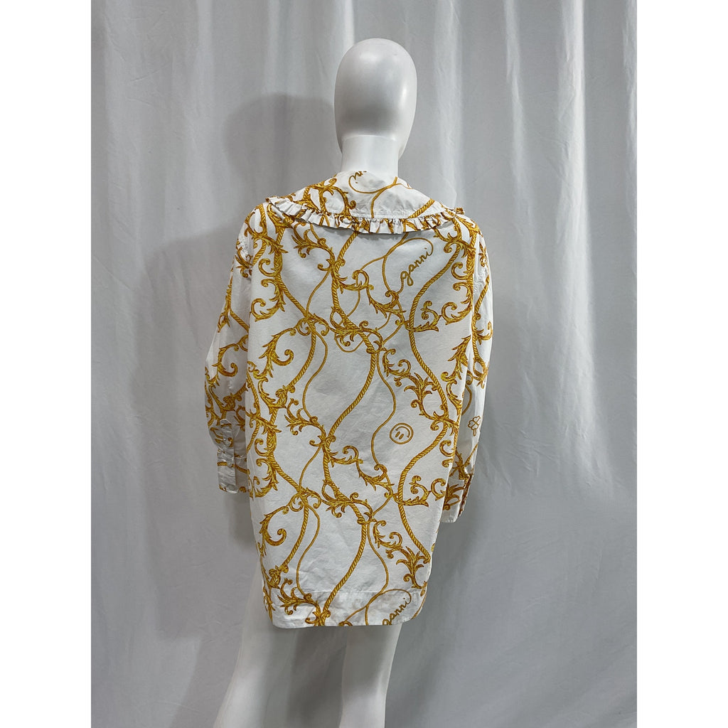 Ganni 'Oversized' White Ruffled Printed Organic Cotton-Poplin Blouse Size 34