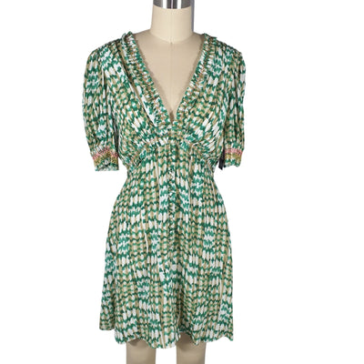 Saloni Smocked Green Lea Mini Dress Size 6 NWT