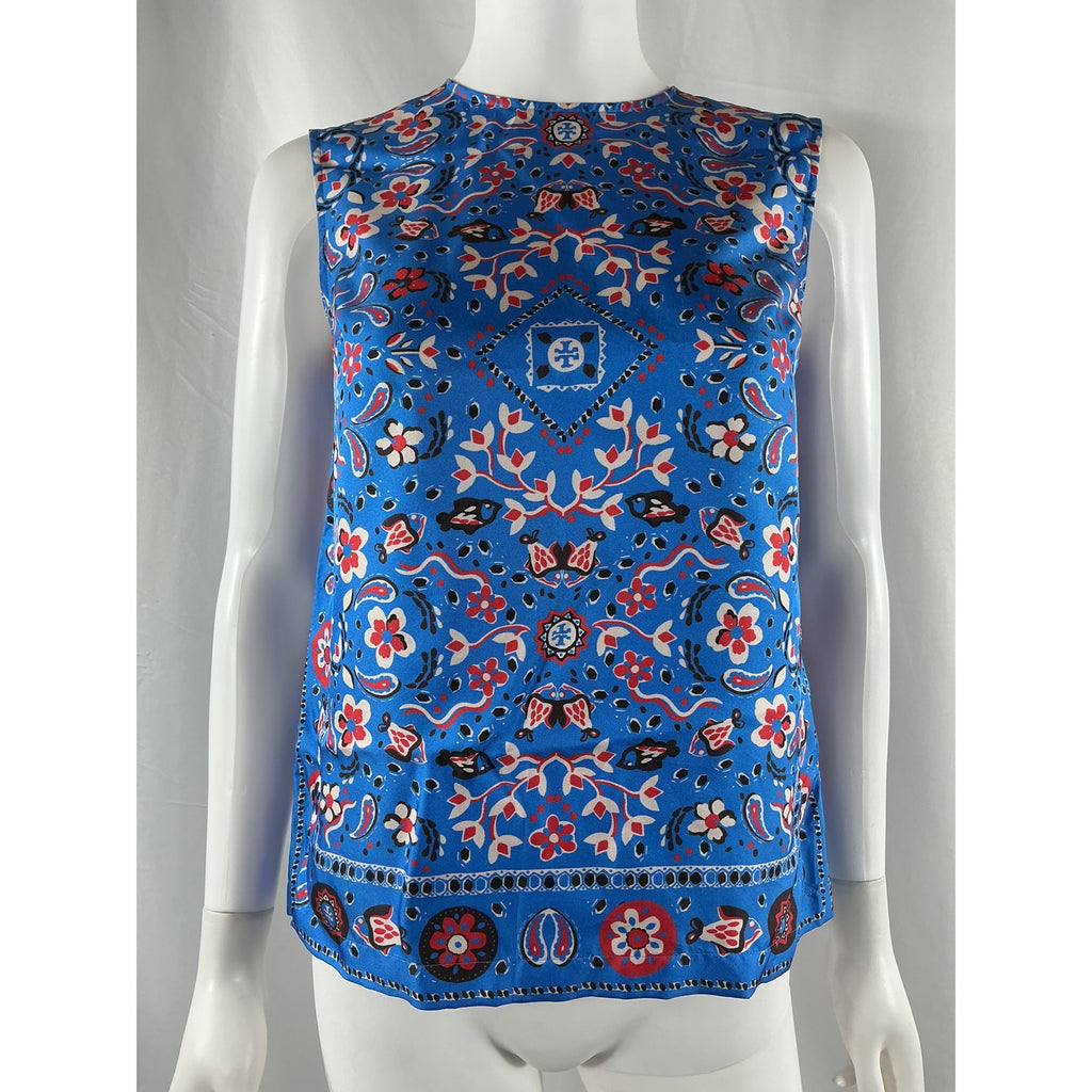 Tory Burch Printed Blue Silk Shell Top Size 2