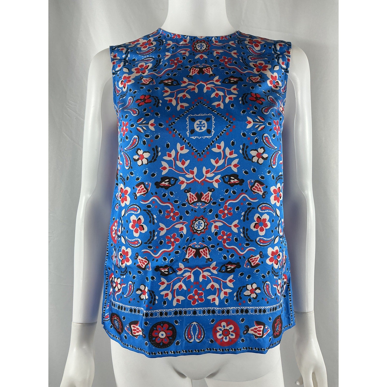 Tory Burch Printed Blue Silk Shell Top Size 2