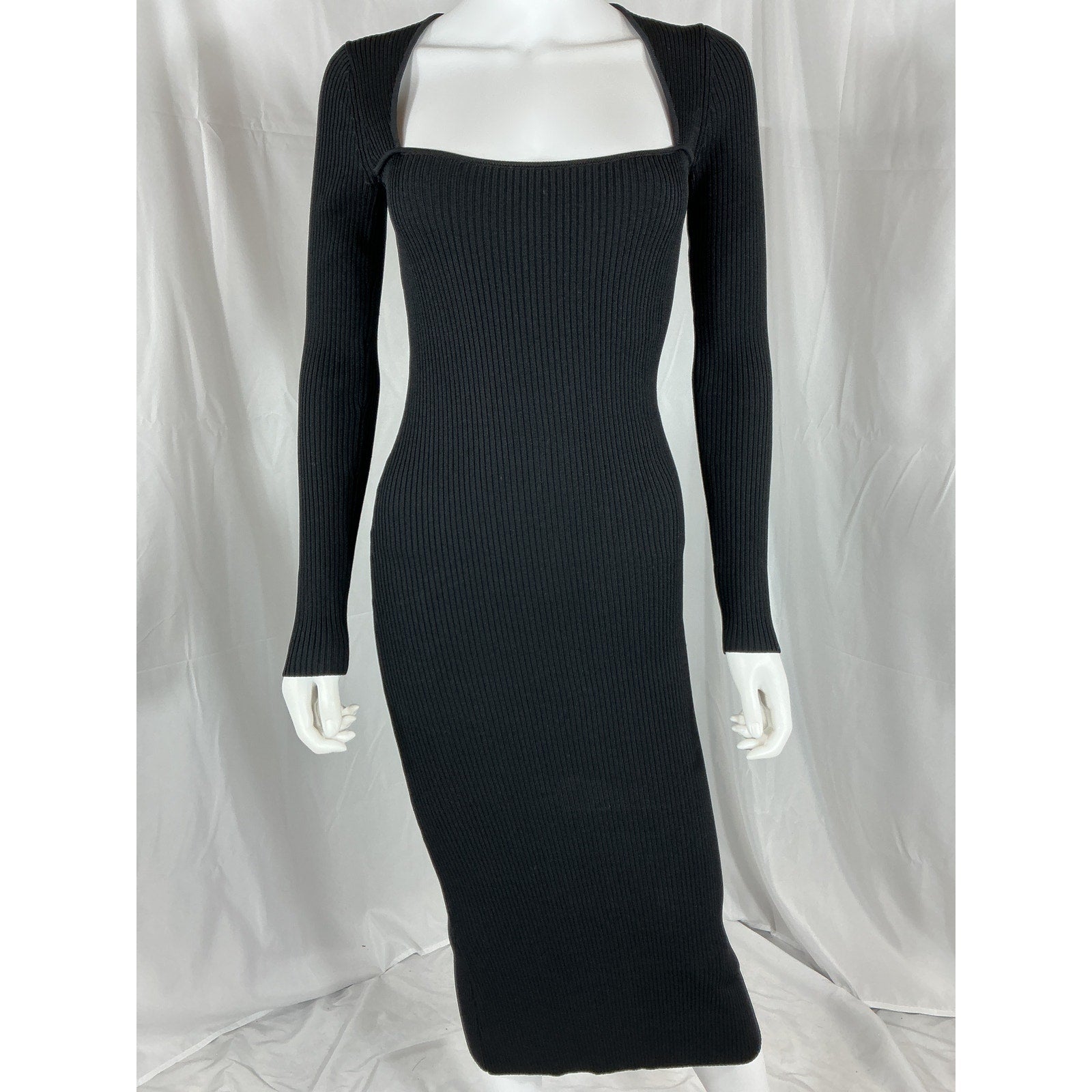 Ganni Square-Neck Black Ribbed-Knit Midi Dress Size XS - NWT