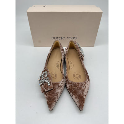Sergio Rossi Sr Icona Pink Velvet Bow-Embellished Crushed-Velvet Point-Toe Flats Size 7 - NWT