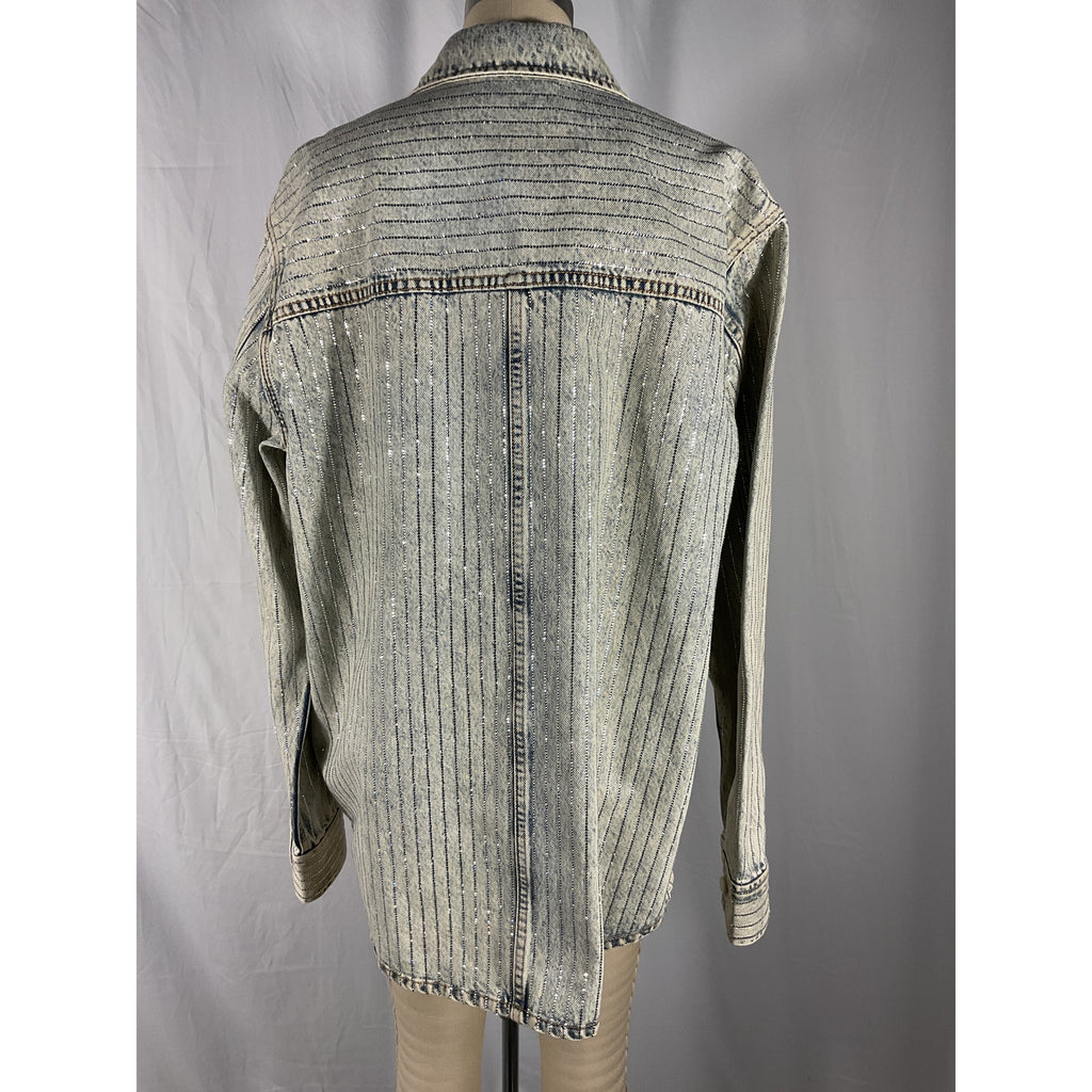 Alexander Wang 'Crystal' Blue Denim Stripe Oversized Crystal Embellished Shirt Size S - NWT
