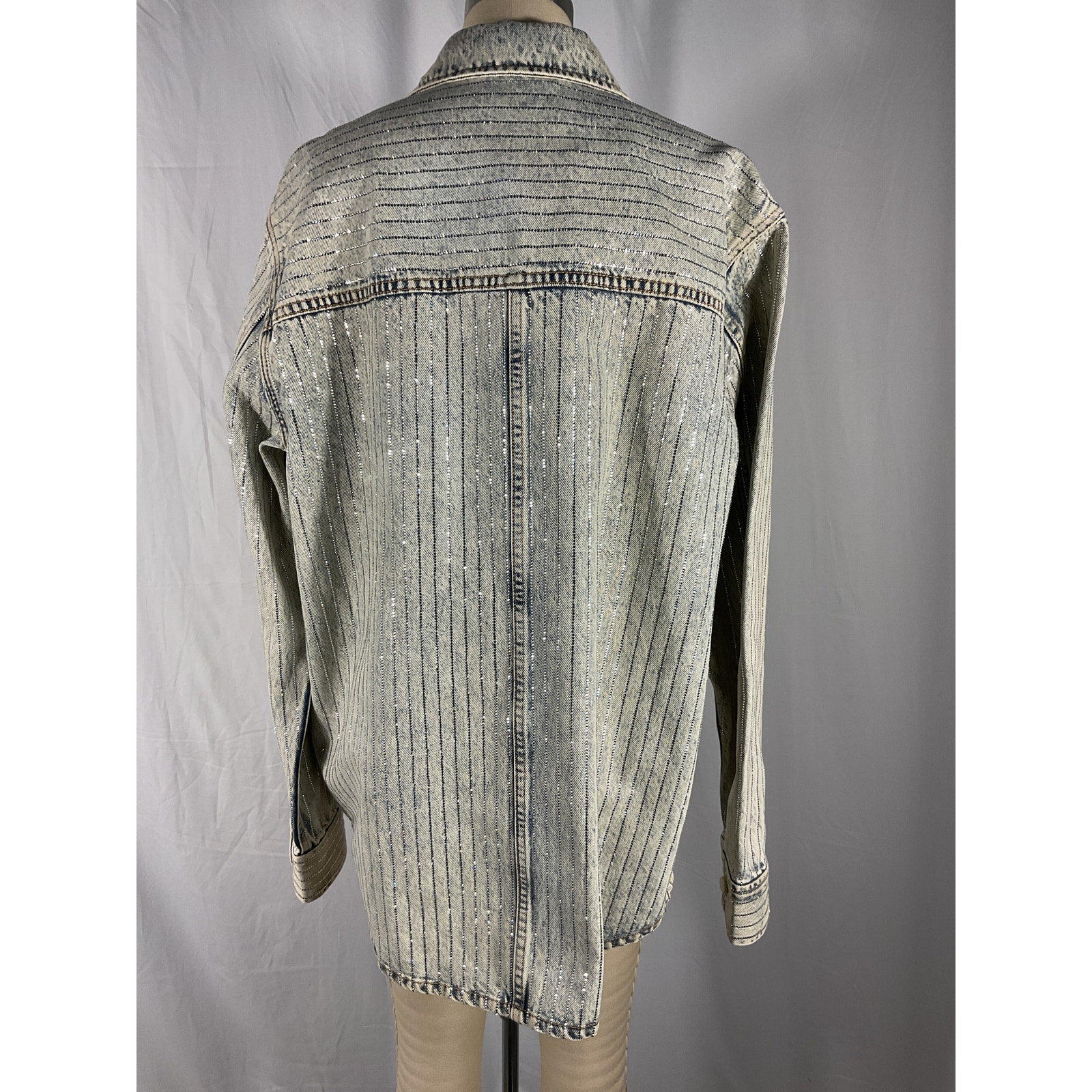 Alexander Wang 'Crystal' Blue Denim Stripe Oversized Crystal Embellished Shirt Size S - NWT
