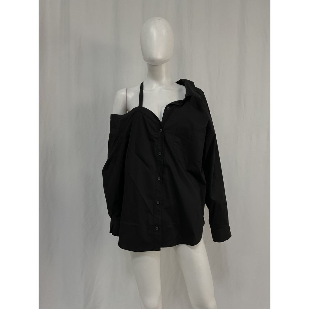L'Academie Off Shoulder Black Cotton Blouse Size M