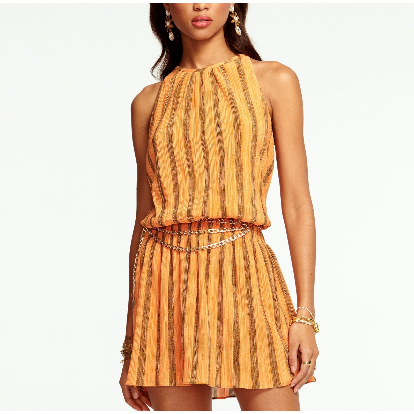 Ramy Brook Knit Paris Gold Polyester Sleeveless Mini Dress Size S