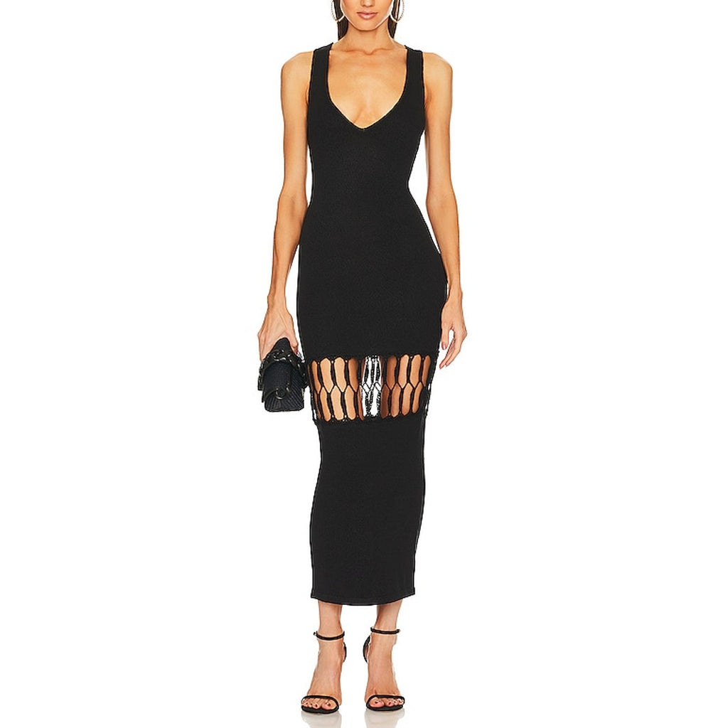 Michael Costello 'Nicola' Black Mixed Crochet Maxi Dress Size XS
