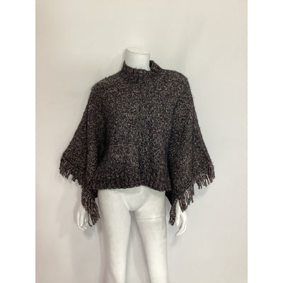 Autumn Black Mockneck Cashmere Tweed Fringed Poncho Size S