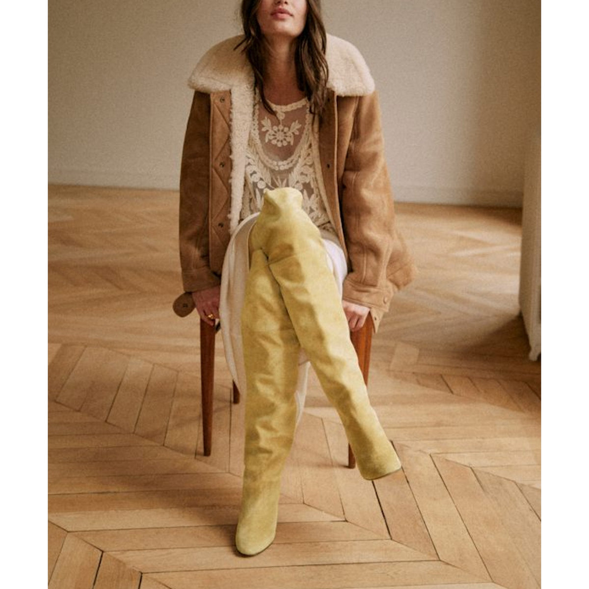 Sézane 'Anaelle' Yellow Leather Thigh High Boots Size 6