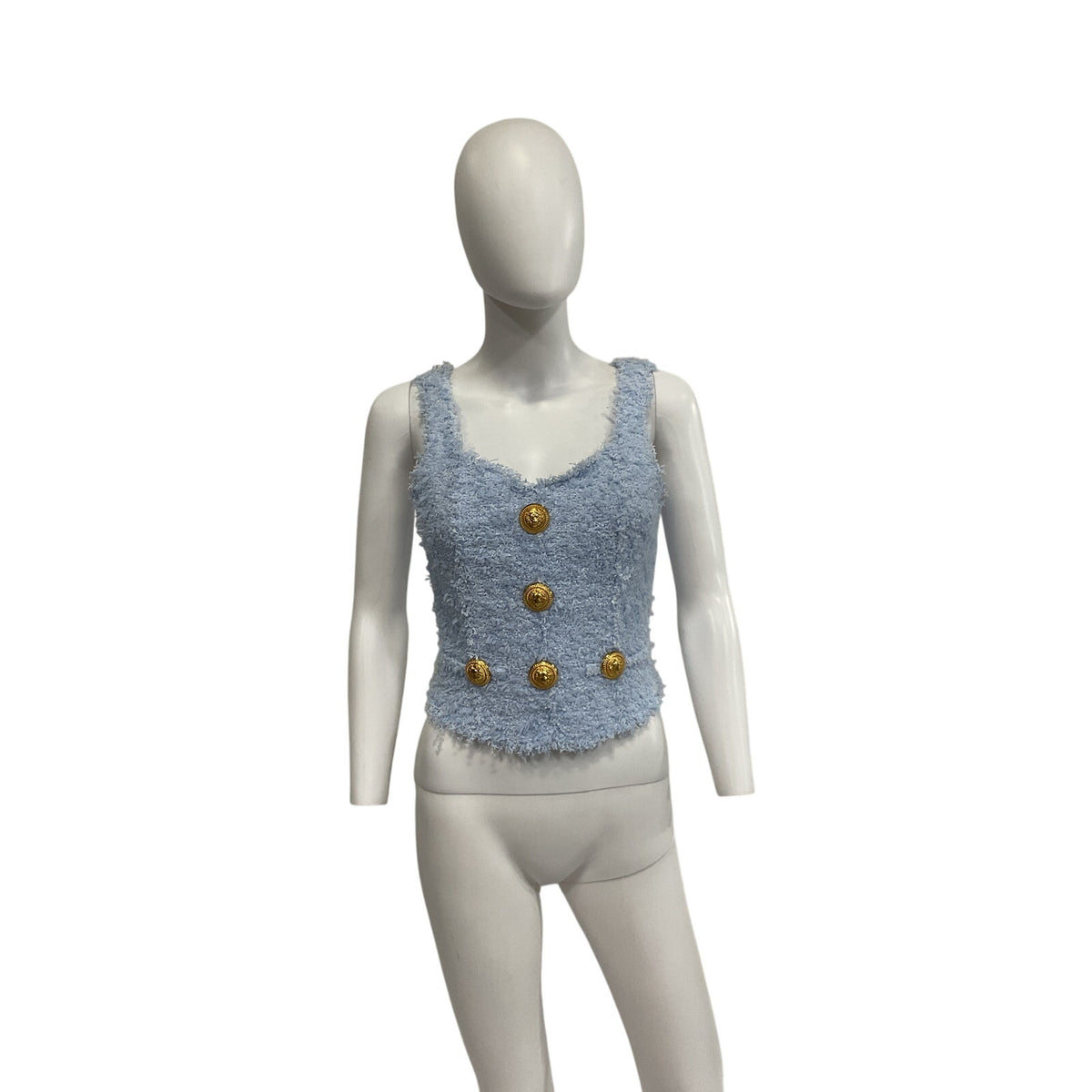 Balmain 'Bouclé' Blue Viscose Button-Embellished Bustier Crop Top Size 2 US / FR 34