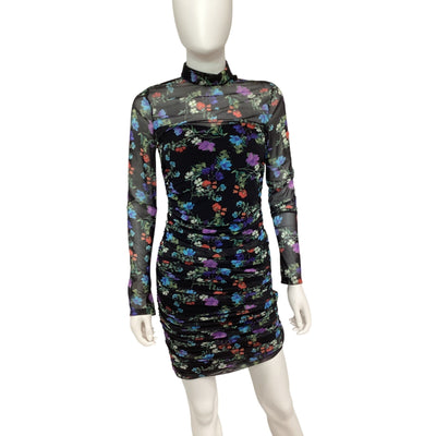 Alice + Olivia Ruched Beautiful Blooms Black Delora Turtleneck Mini Dress Size 6