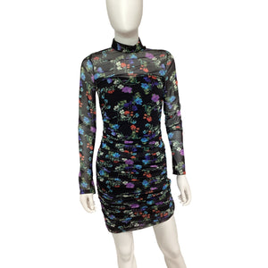 Alice + Olivia Ruched Beautiful Blooms Black Delora Turtleneck Mini Dress Size 6