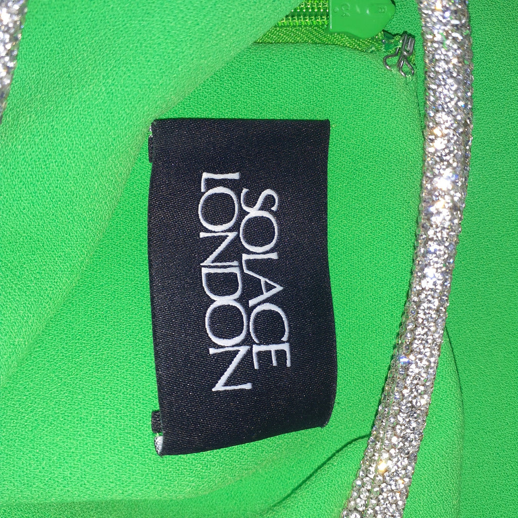 Solace London 'Kami' Green Rhinestone Embellished Open Back Halter Mini Dress Size 2