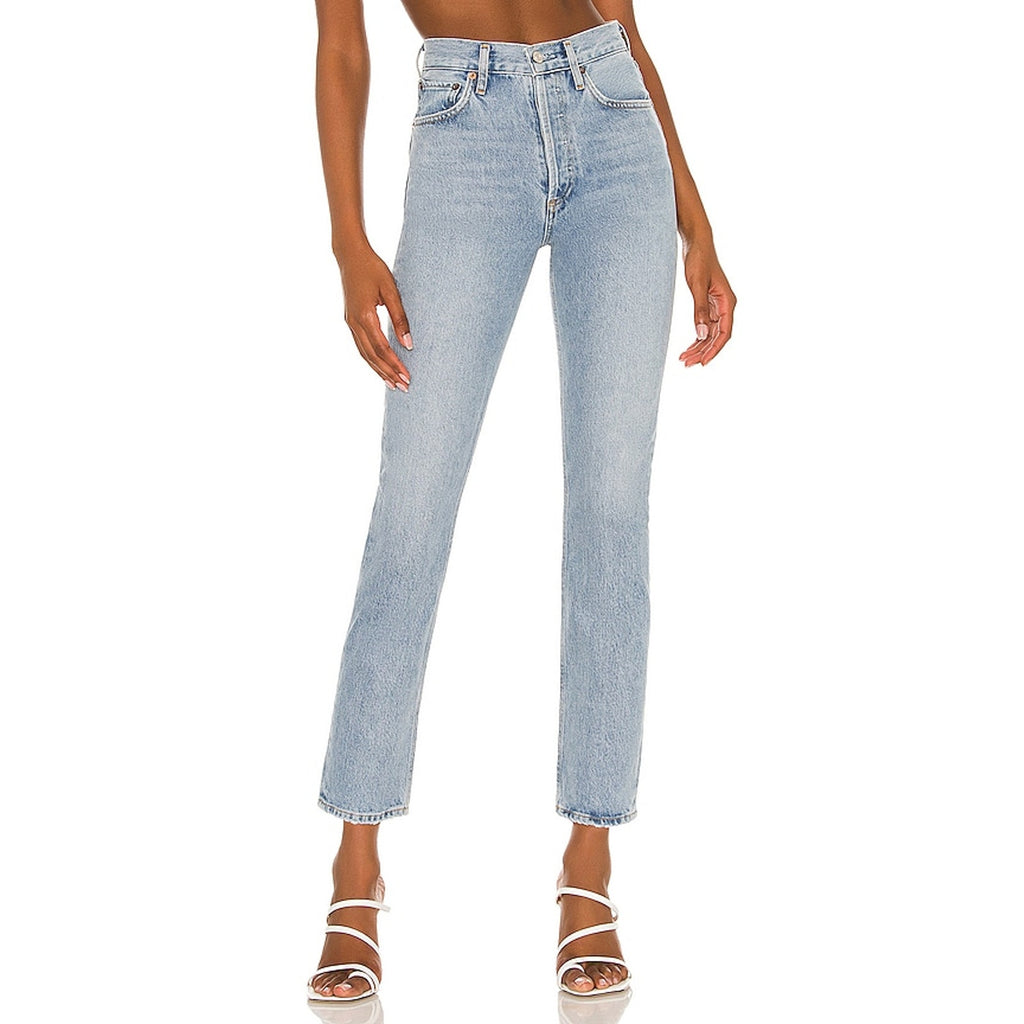 Agolde 'Riley' Blue Cotton High Rise Straight Crop Denim Jean Size 27