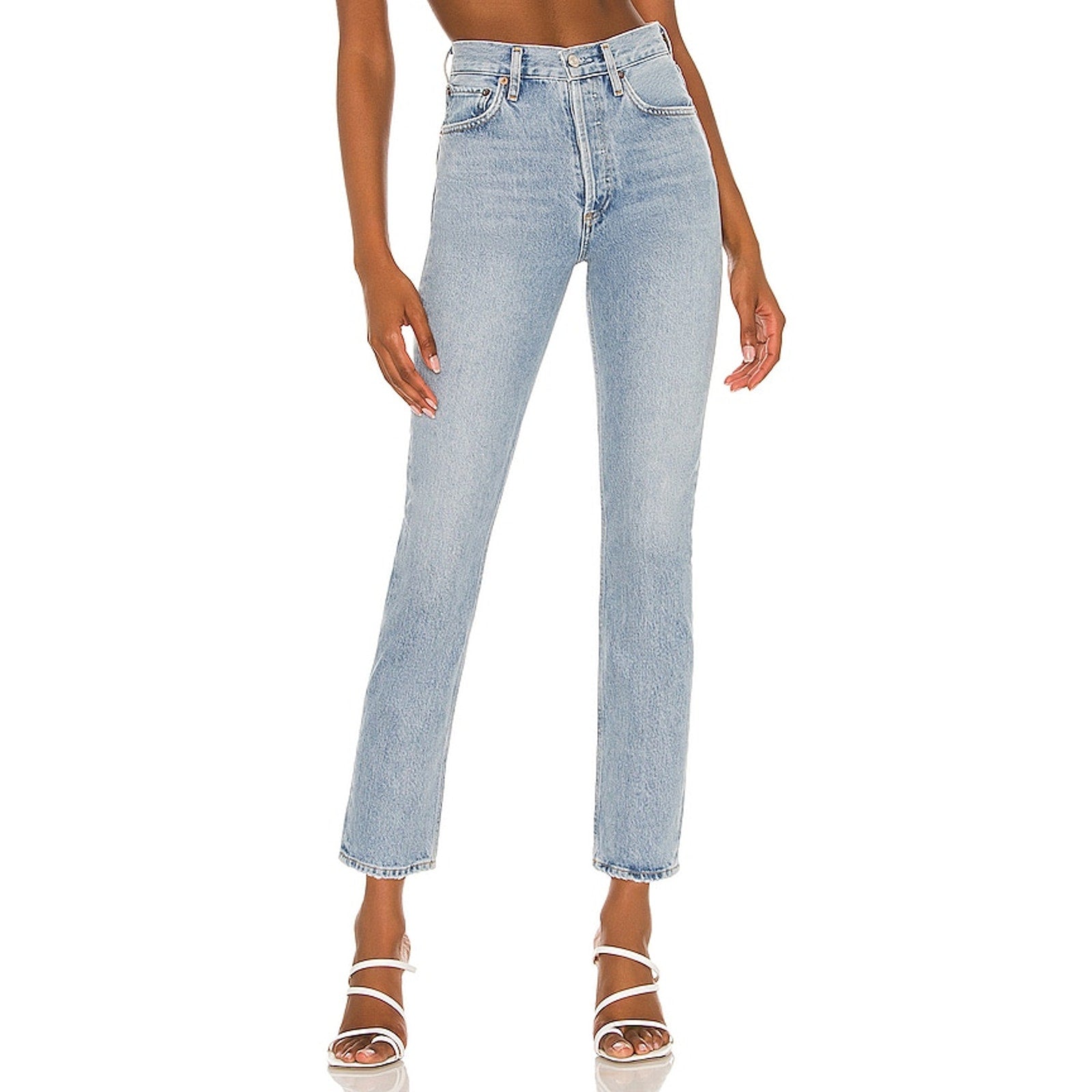 Agolde 'Riley' Blue Cotton High Rise Straight Crop Denim Jean Size 27