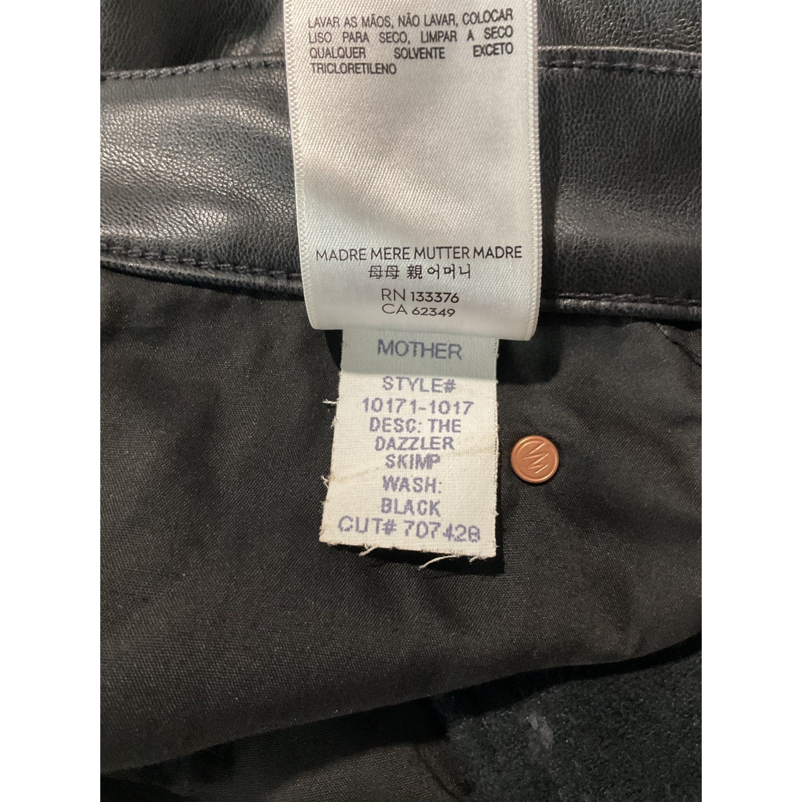 Mother 'The Dazzler' Black Polyurethane Skimp Pant Size 28