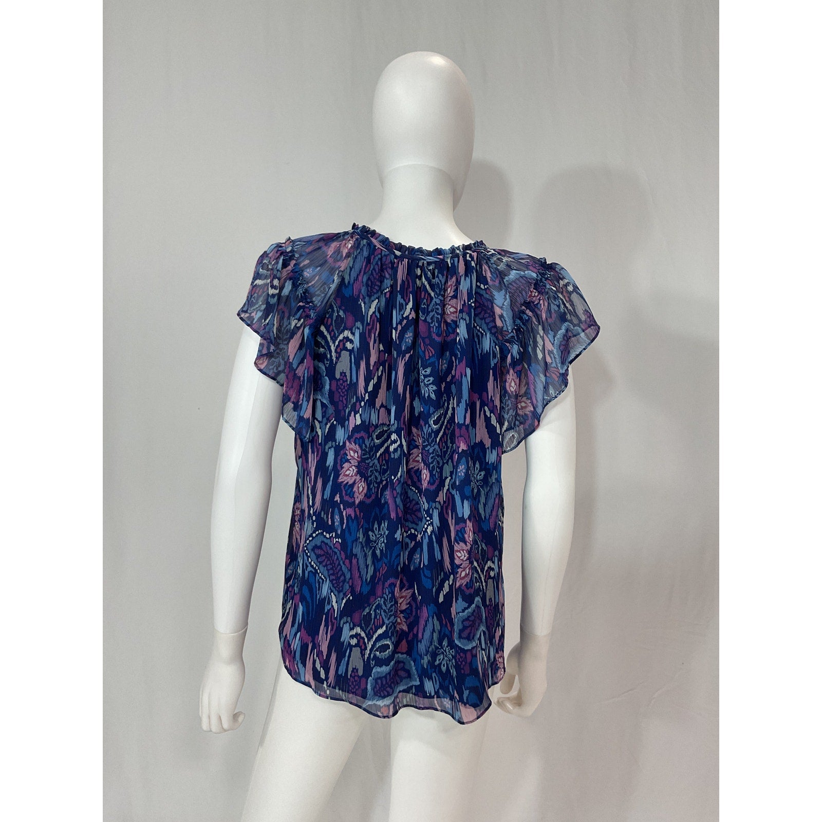 Ramy Brook 'Ember' Blue Allover Print V Neck Flutter Sleeve Blouse Size XS