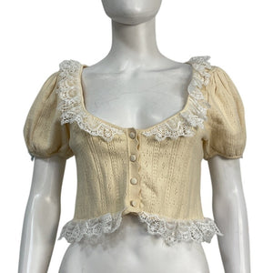 For Love & Lemons Lace Trimmed Cream Daniela Knit Top Size M