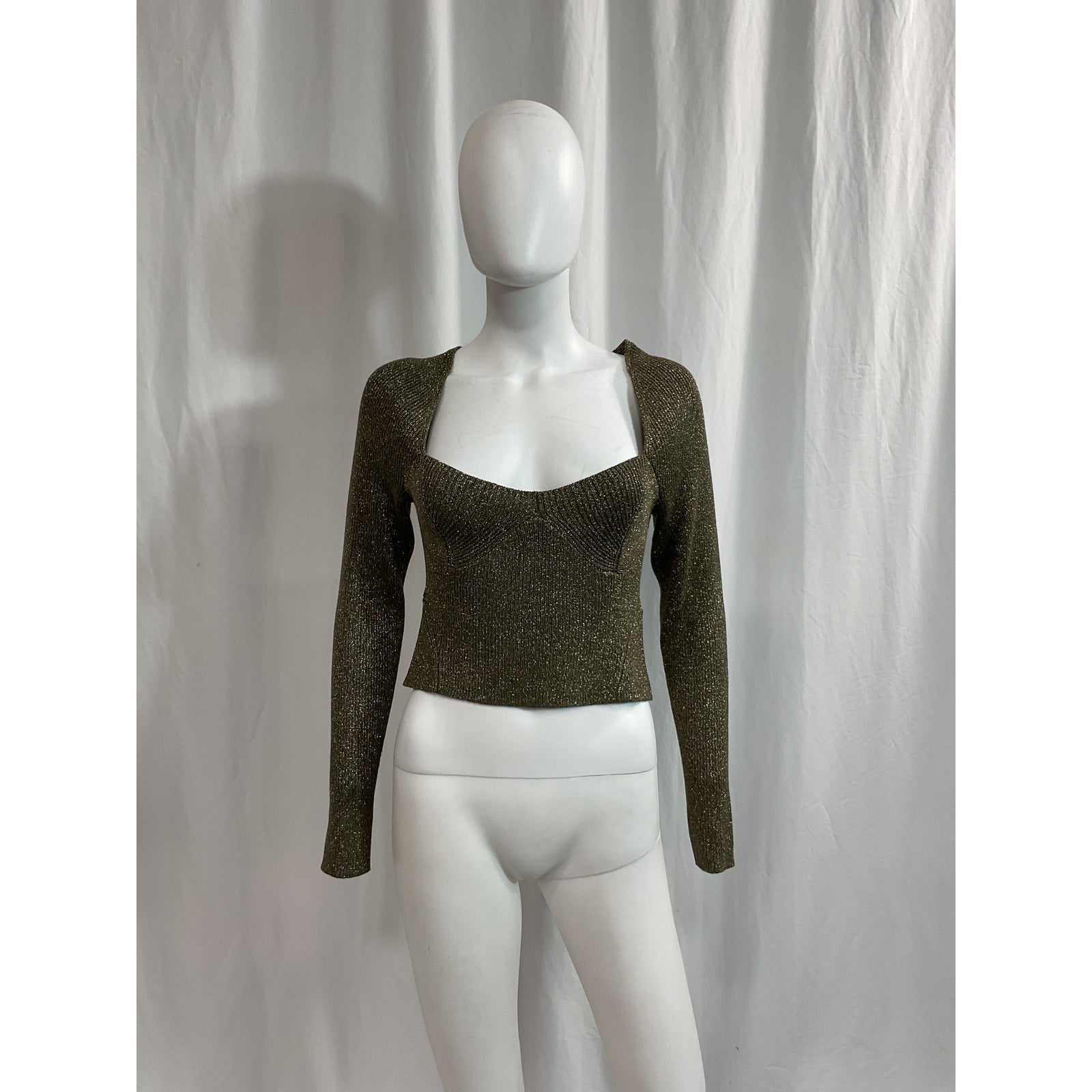 Staud 'Cerro' Green Metallic Ribbed-Knit Top Size M