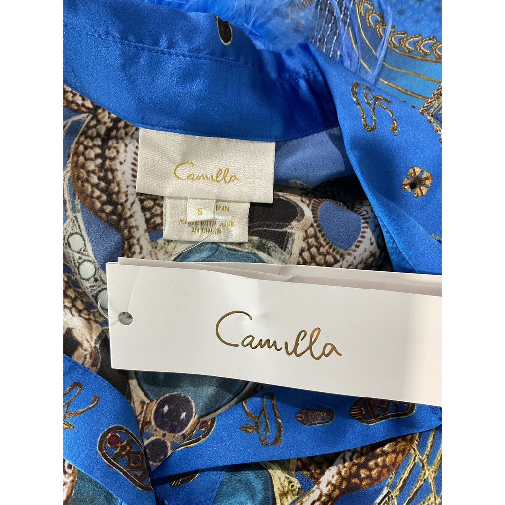 Camilla Mini Blue Silk Shirt Dress With Feather Cuffs Size S - NWT
