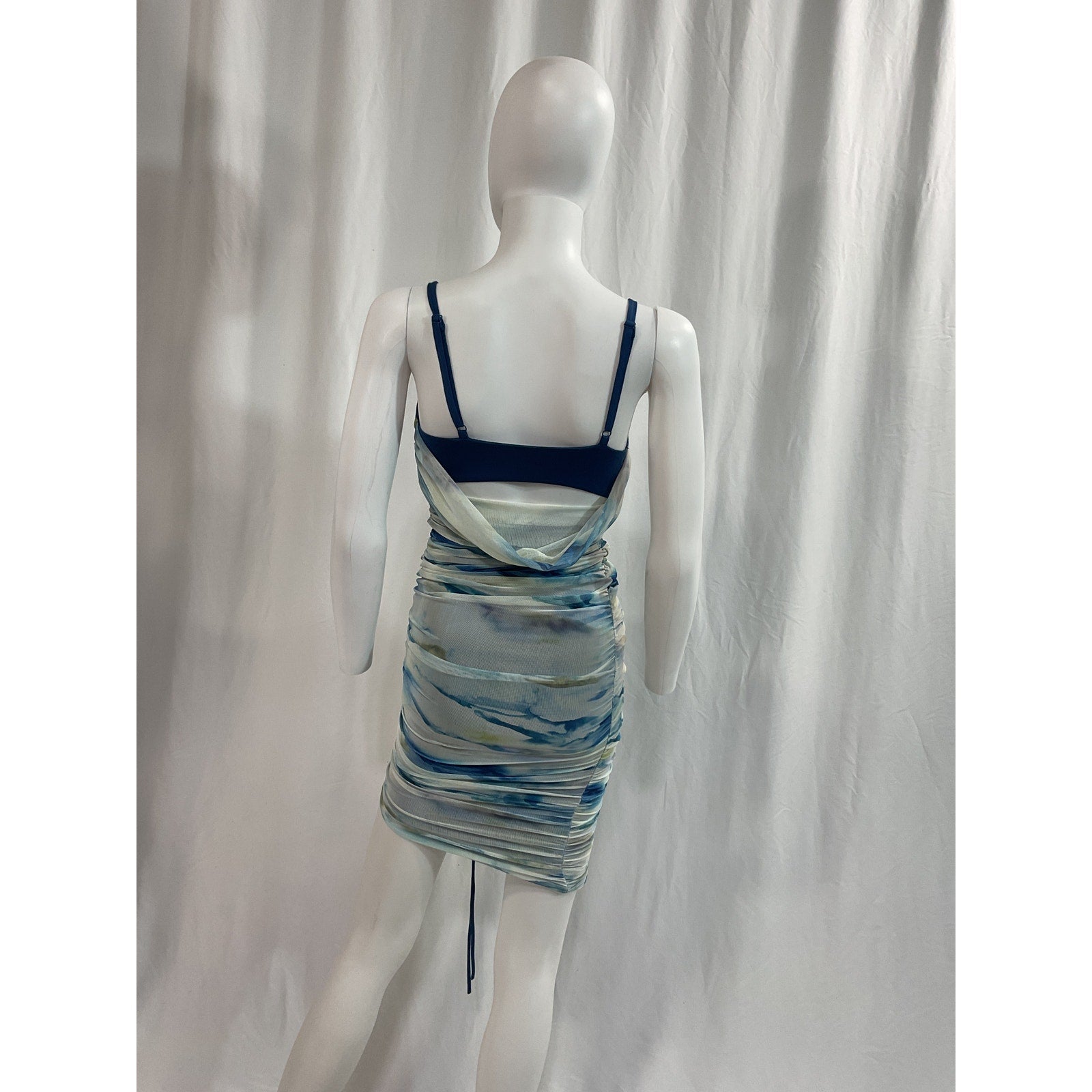 Simkhai 'Standard' Blue Trixie Ruched Watercolor Mesh Mini Dress Size XS