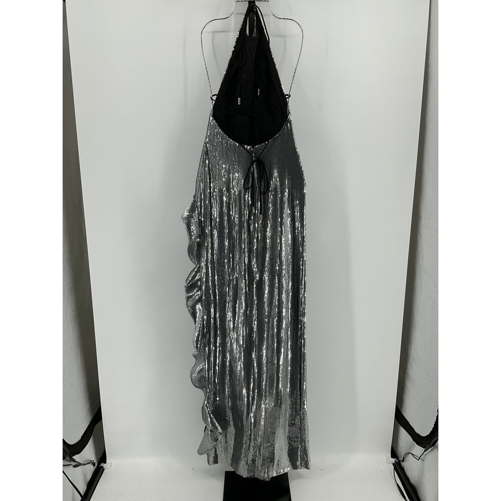 David Koma Halterneck Silver Sequin And Ruffle-Embellished Stretch-Crepe Gown Size 8