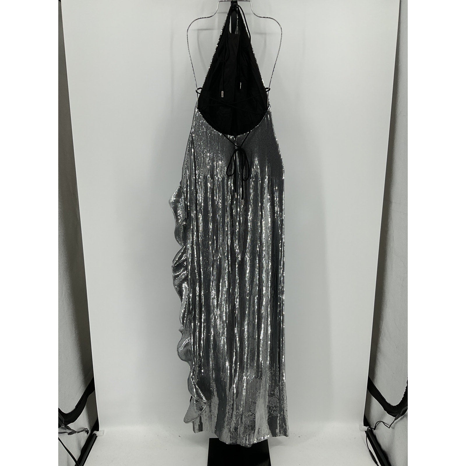 David Koma Halterneck Silver Sequin And Ruffle-Embellished Stretch-Crepe Gown Size 8