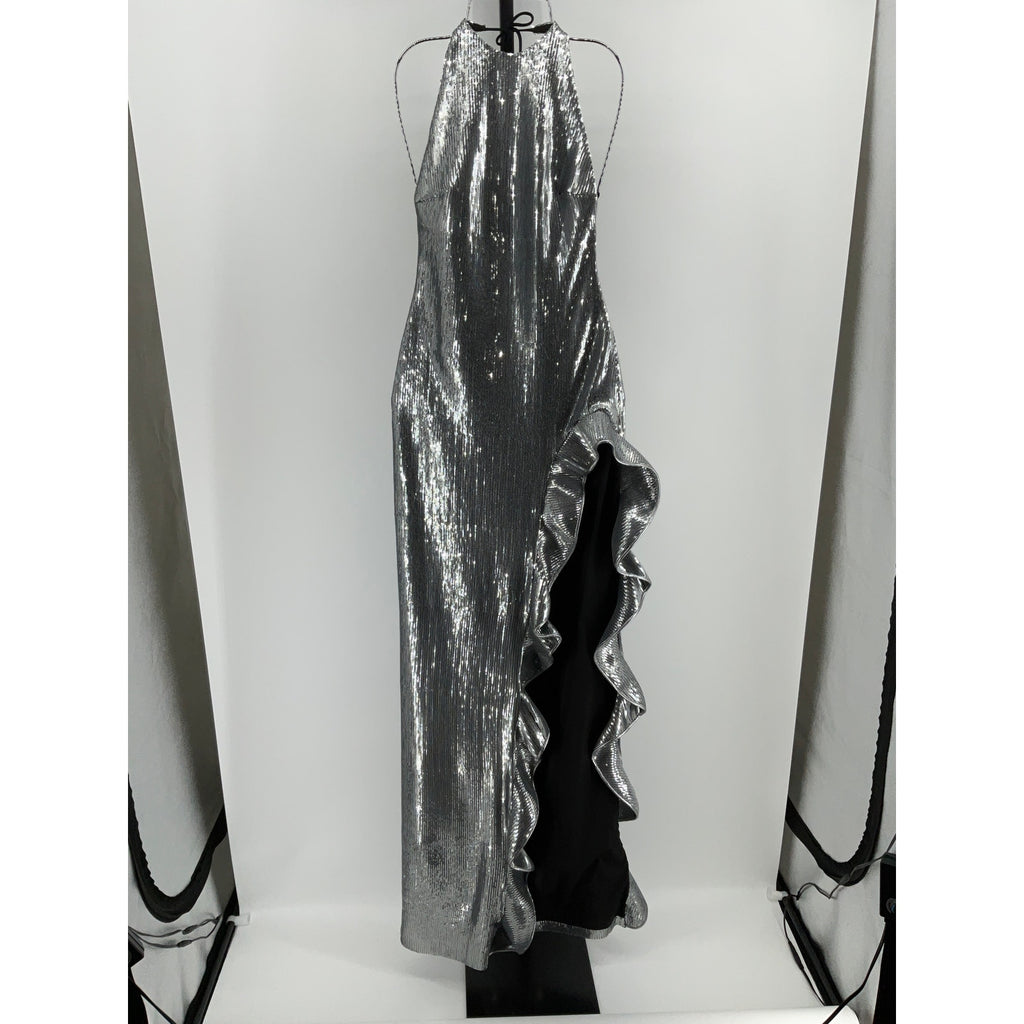 David Koma Halterneck Silver Sequin And Ruffle-Embellished Stretch-Crepe Gown Size 8