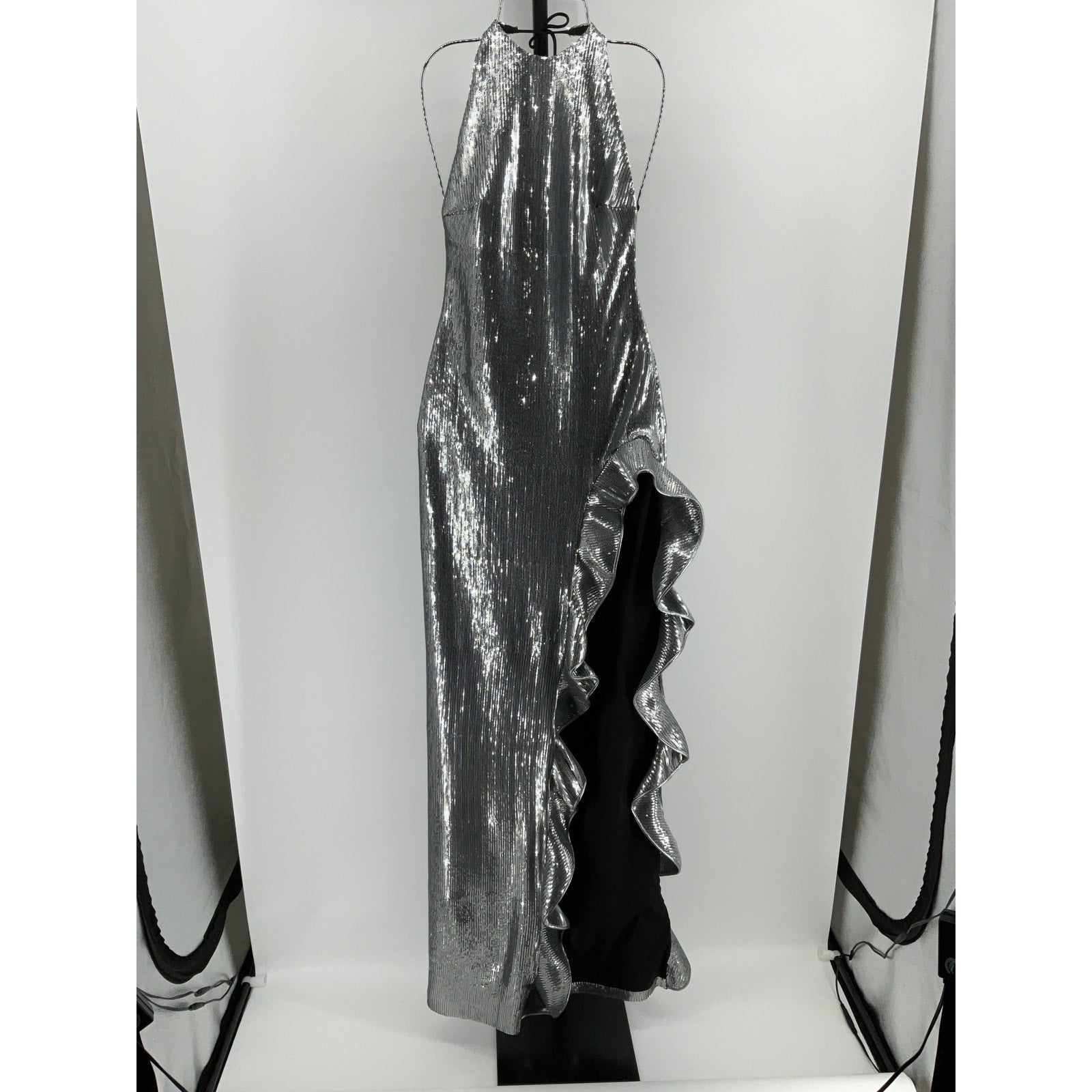 David Koma Halterneck Silver Sequin And Ruffle-Embellished Stretch-Crepe Gown Size 8