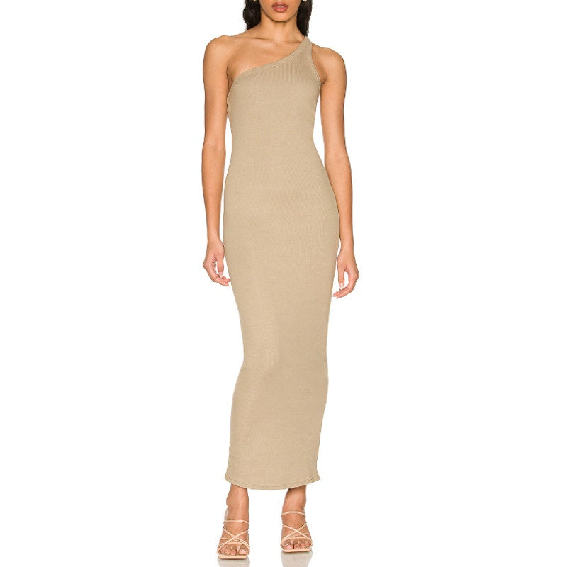 The Line by K Olive Gael One-Shoulder Ribbed Stretch-Cotton Maxi Dress Size S - NWT