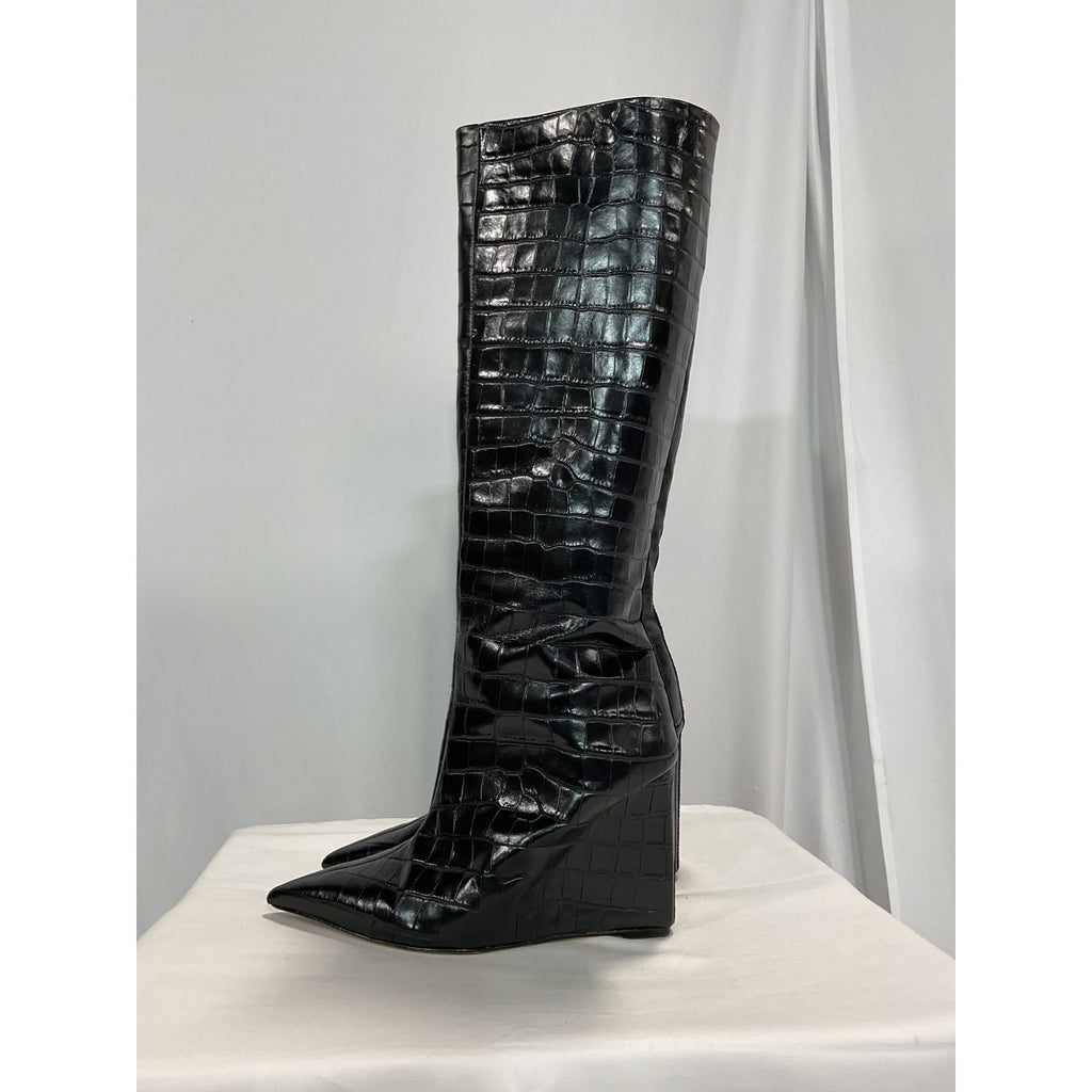 Schutz 'Asya Up' Black Suede Leather Wedge Knee High Boot Size 9
