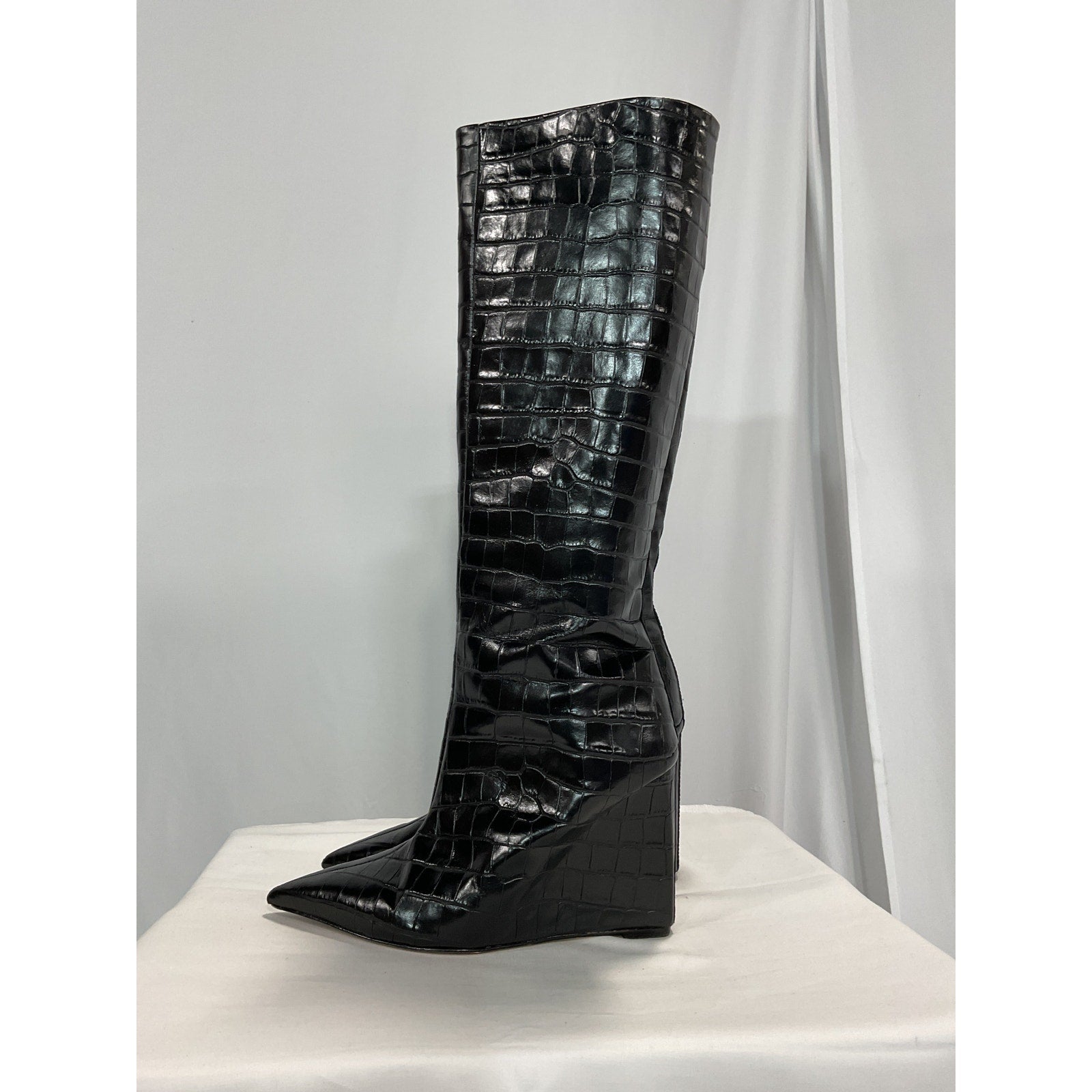 Schutz 'Asya Up' Black Suede Leather Wedge Knee High Boot Size 9