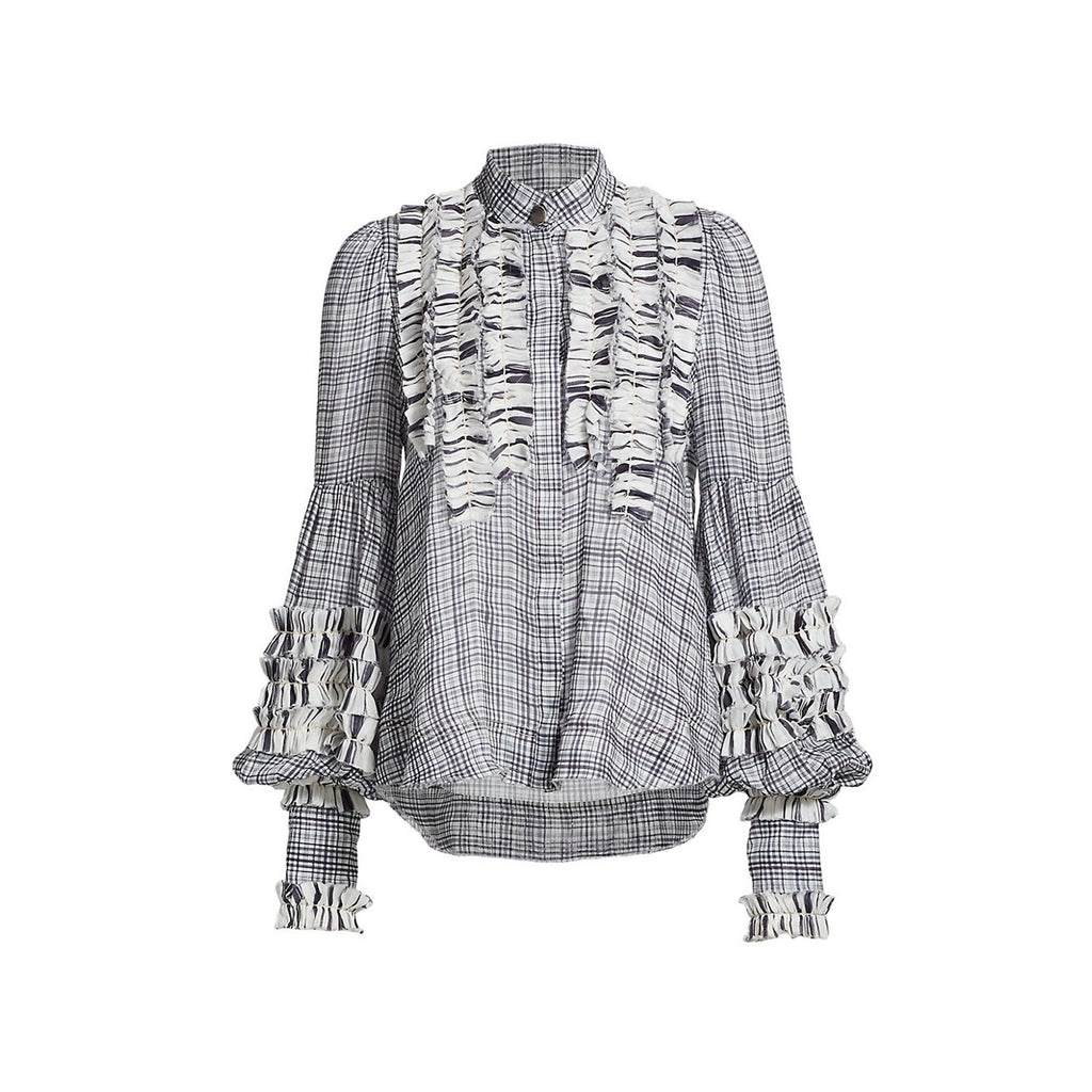Aje 'Memento' Black Long Sleeve Plaid Ruffle Blouse Size 2
