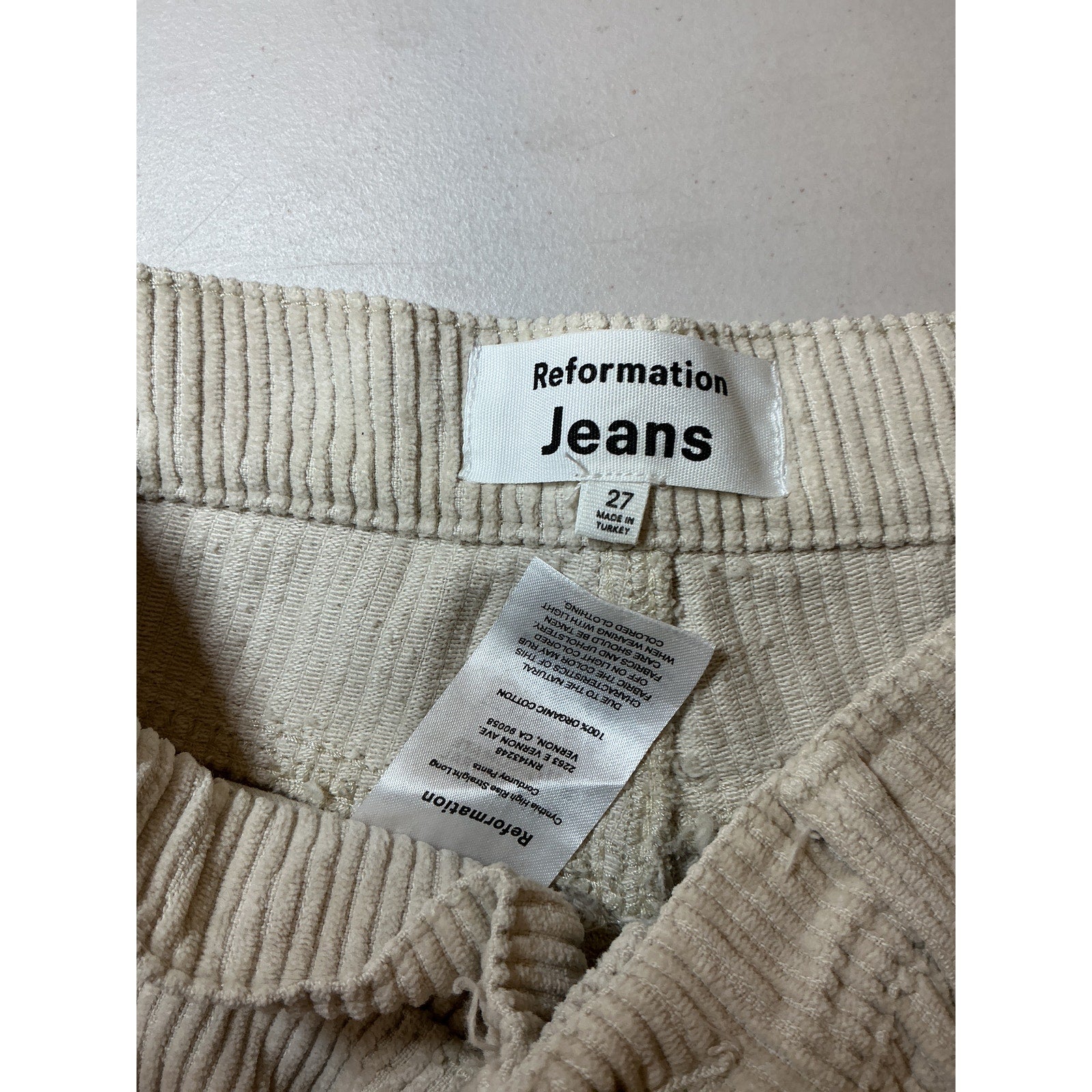 Reformation 'Cynthia' Beige High Rise Straight Long Corduroy Pants Size 27