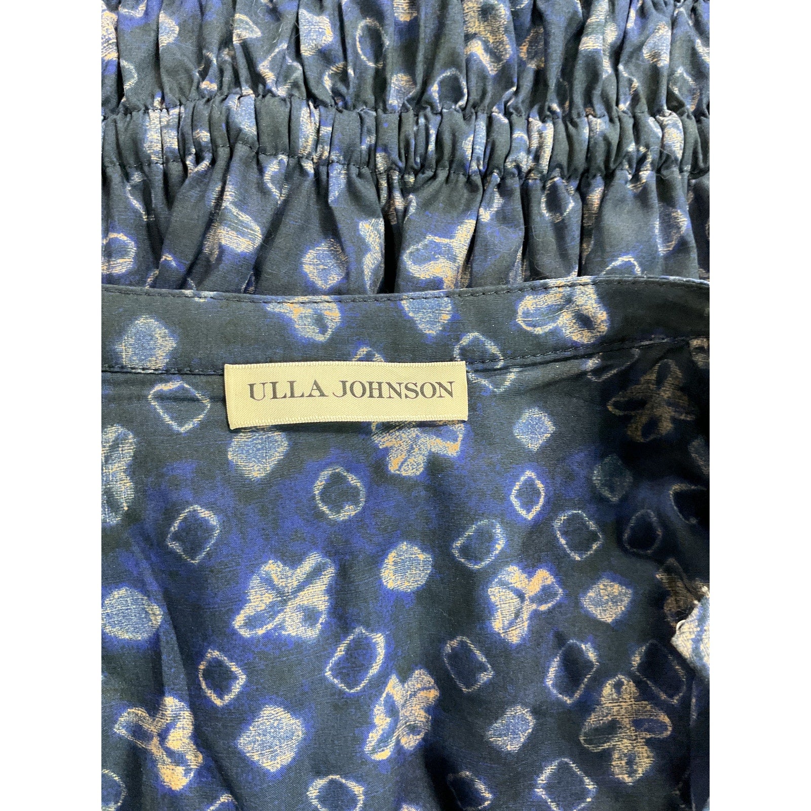 Ulla Johnson 'Ines' Blue Tye Dye Geometric  Ruched V Neck Puff Sleeve Top Size 6
