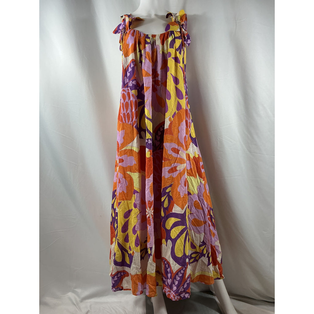 Farm Rio 'Lee' Orange Cotton Floral Sleeveless Maxi Dress Size S