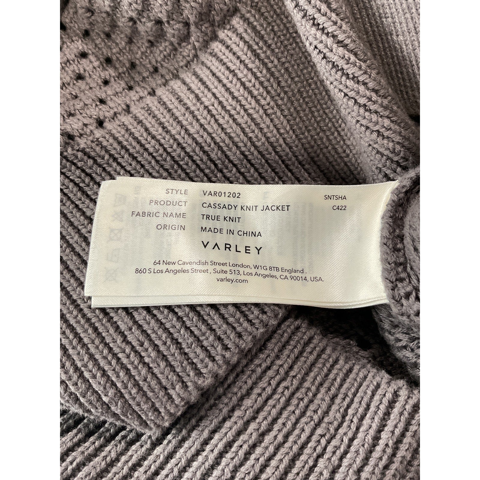 Varley 'Cassady' Grey Cotton Knit Jacket Size XS