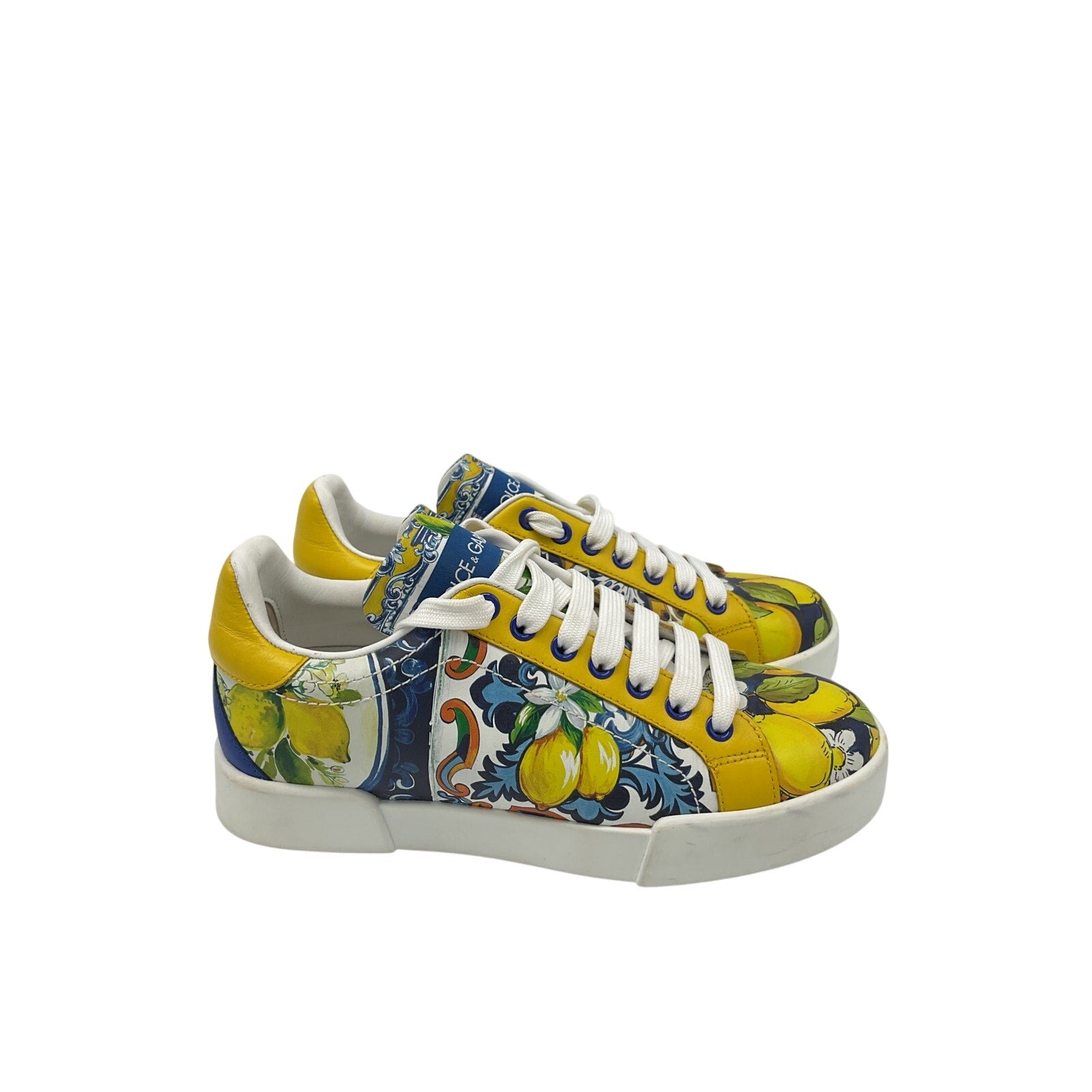 Dolce & Gabbana 'Portofino' Yellow Leather Lemon-Print Low-Top Sneakers Size 6