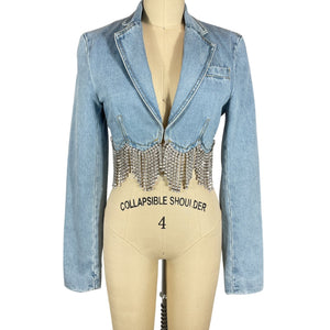 Area Cropped Light Blue Scalloped Crystal Denim Blazer Size 2