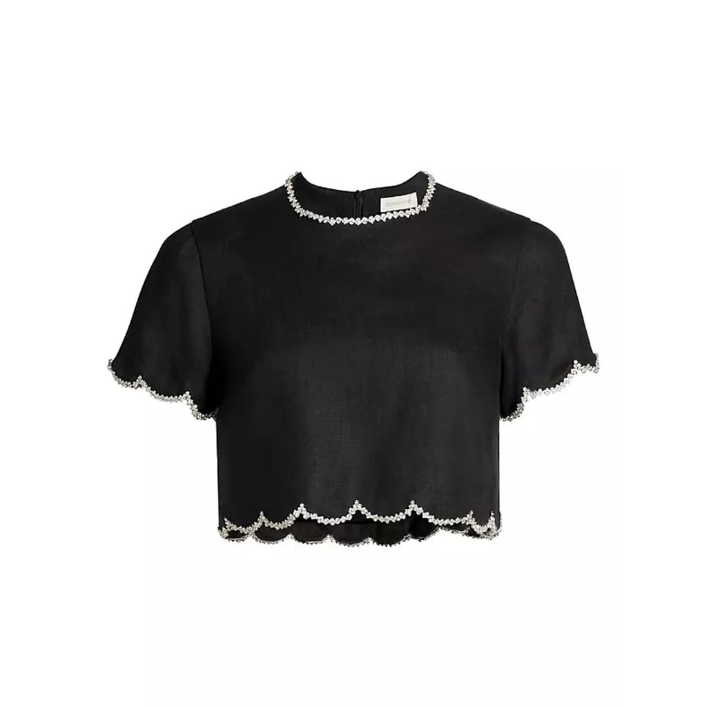 Zimmermann Crush Black Linen Crystal-Embellished Scalloped Crop Top Size 0