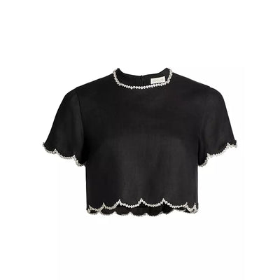 Zimmermann Crush Black Linen Crystal-Embellished Scalloped Crop Top Size 0
