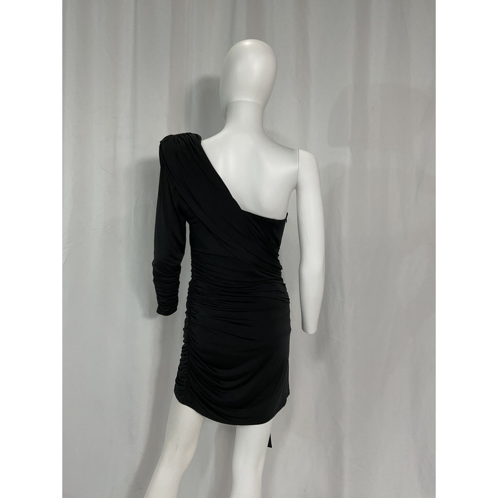Michael Costello 'Carmen' Black Padded Shoulder Ruched Dress Size M - NWT