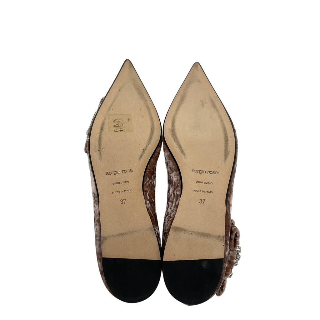 Sergio Rossi Sr Icona Pink Velvet Bow-Embellished Crushed-Velvet Point-Toe Flats Size 7 - NWT