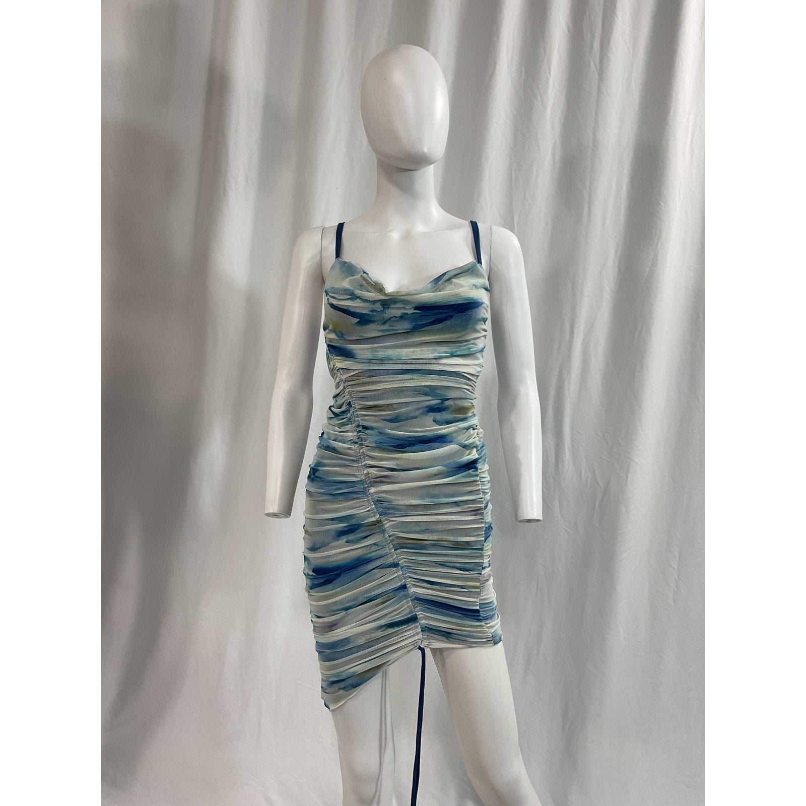 Simkhai 'Standard' Blue Trixie Ruched Watercolor Mesh Mini Dress Size XS