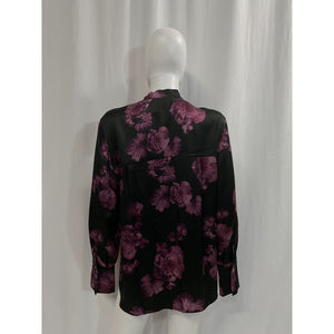Vince 'Begonia' Black Floral Silk Banded Long Sleeve Collar Shirt Size M
