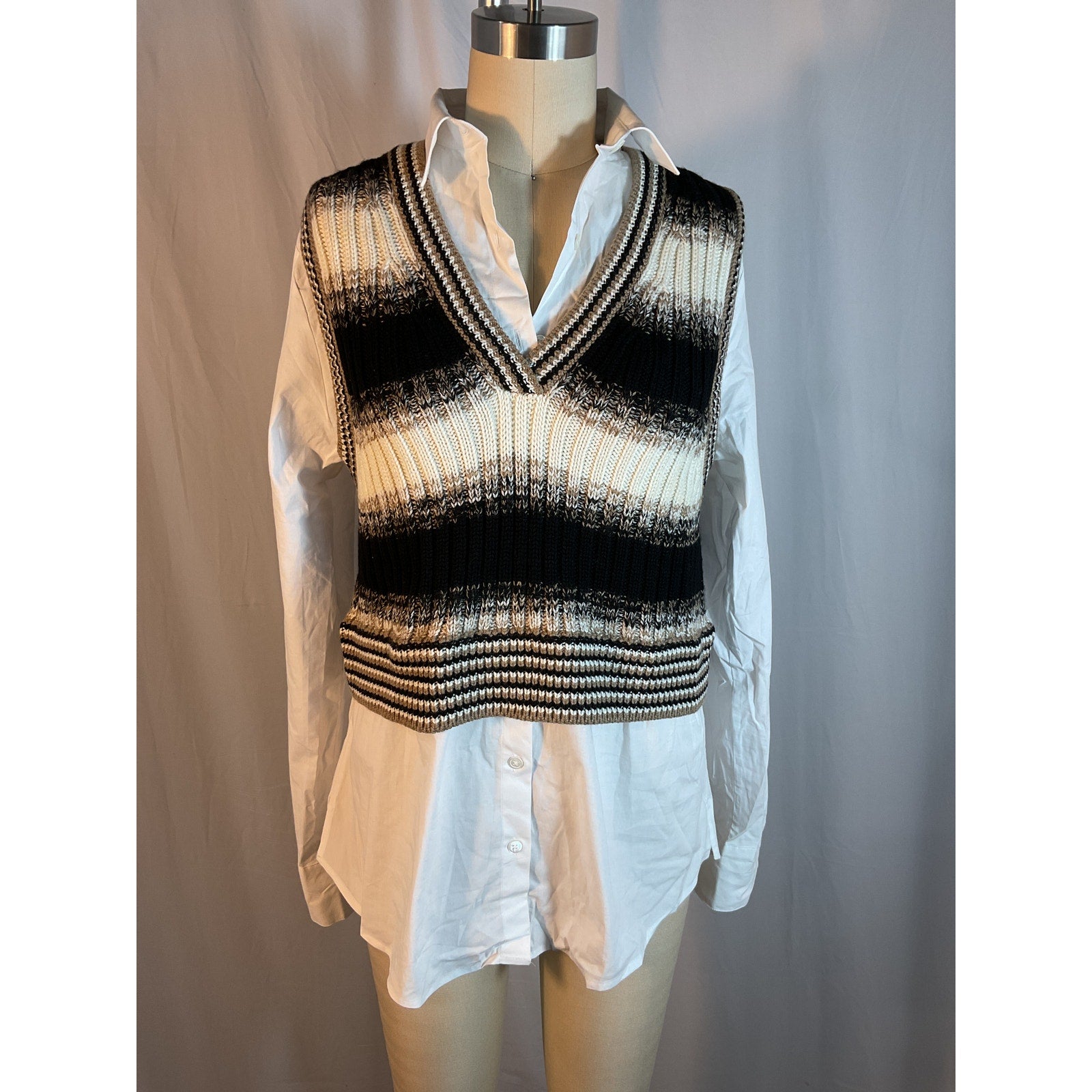 Veronica Beard 'Spear' Black Cotton Poplin Mixed Media Vest Size S
