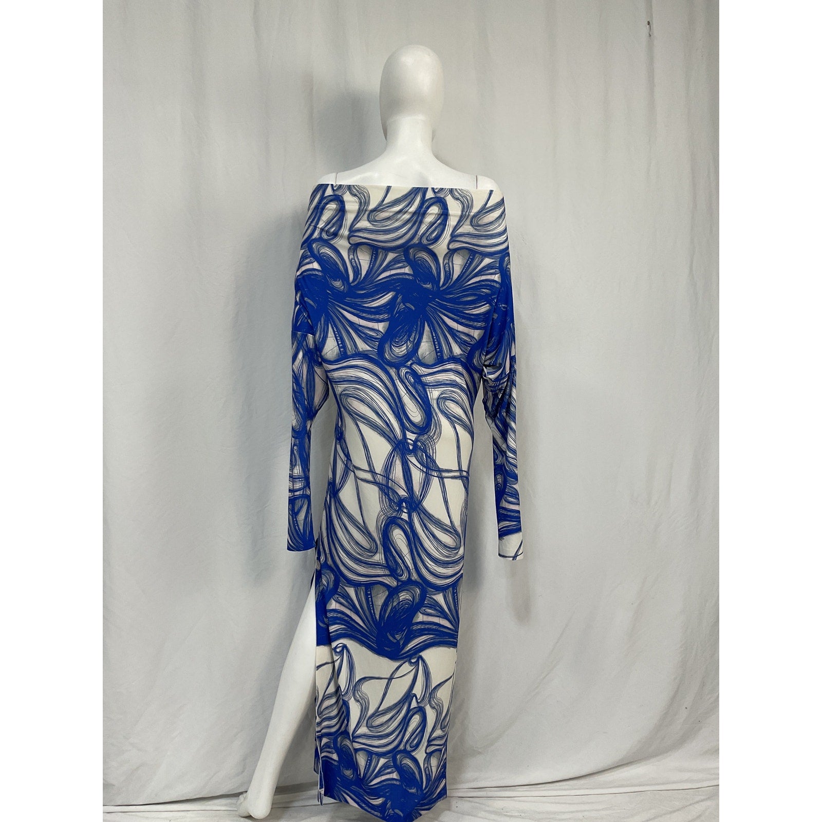 Norma Kamali Off-The-Shoulder Blue Printed Stretch-Jersey Maxi Dress Size XS